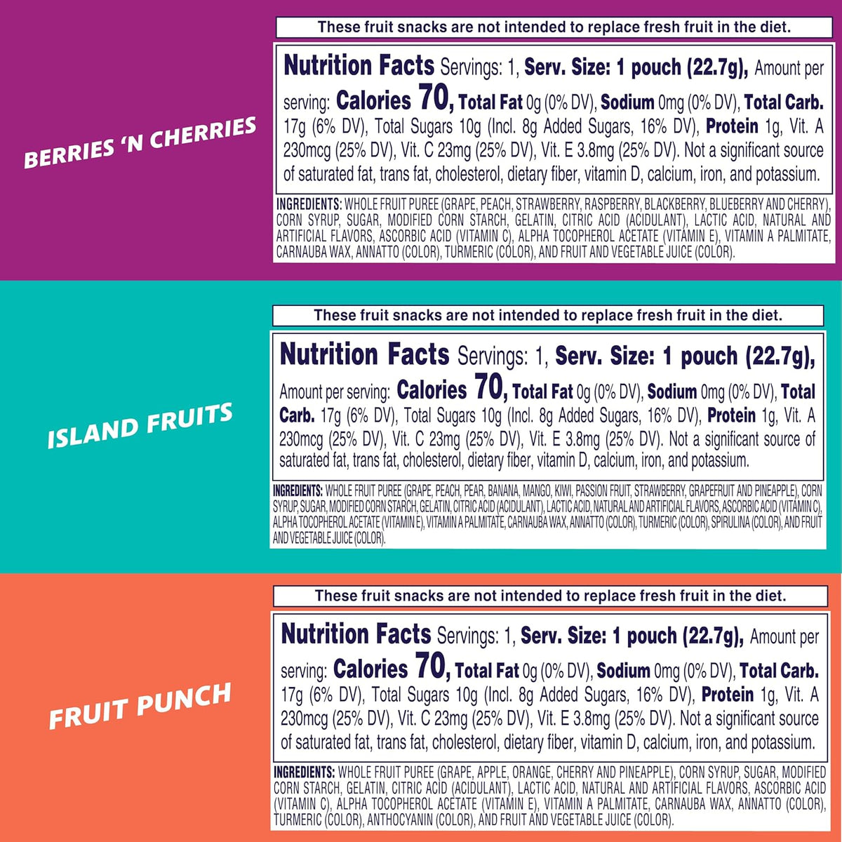 three flavor varieties included: fruit punch, island fruits, and berries 'n cherries