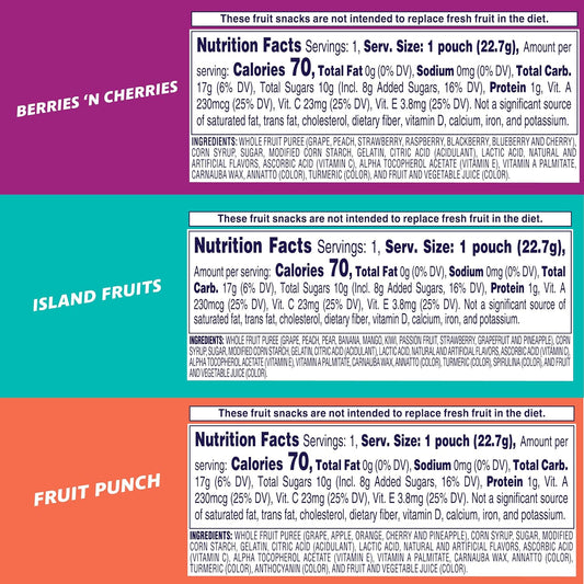 three flavor varieties included: fruit punch, island fruits, and berries 'n cherries