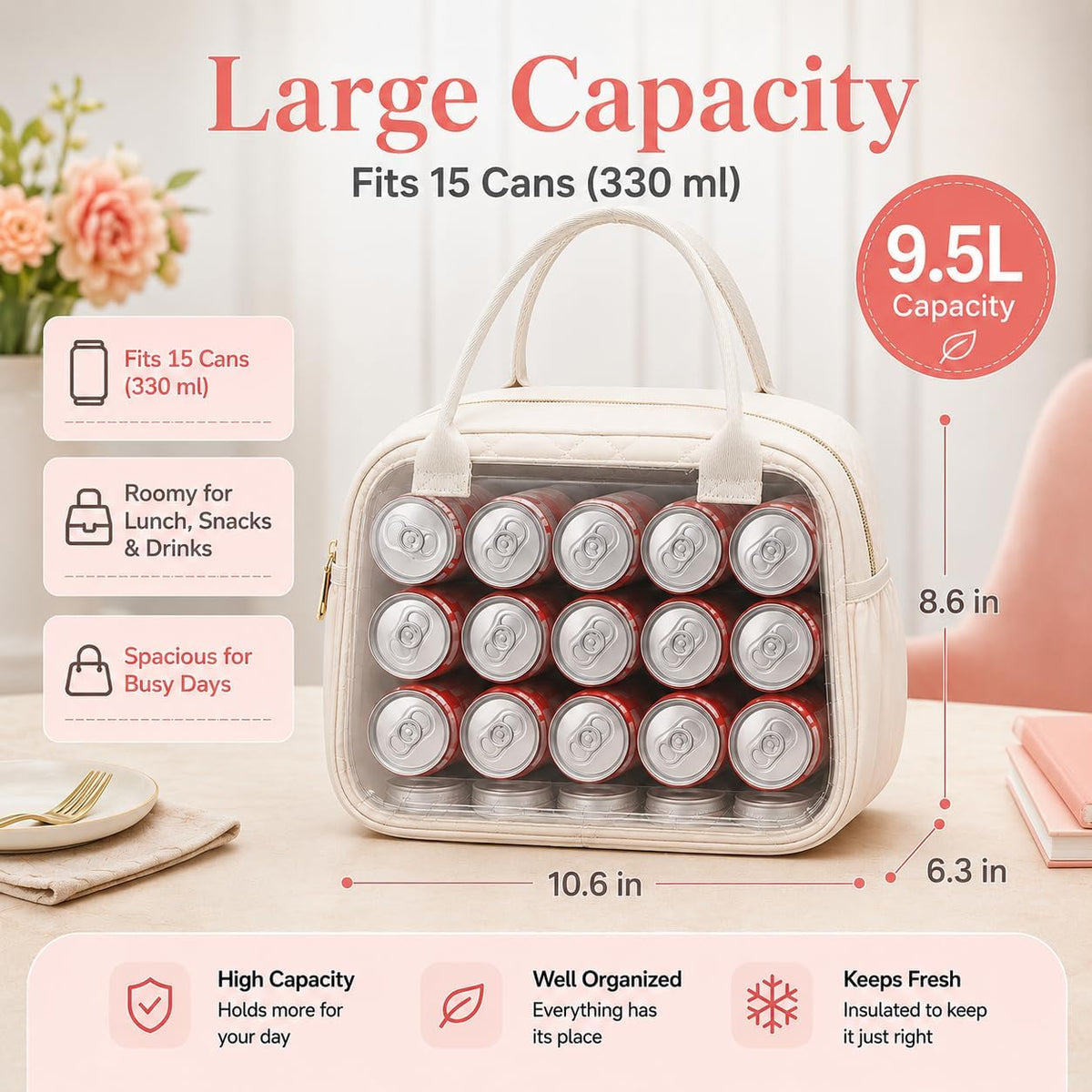 three internal compartments plus a large main pocket, quick-access outer pocket, and side pocket for bottles or umbrellas