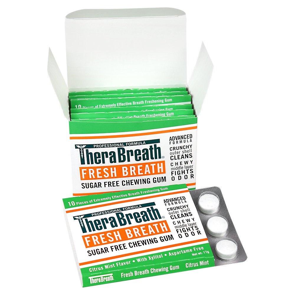 three-layer gum structure: crunchy outer layer for tongue scrubbing, middle layer for bacteria and odor control, citrus-mint core for salivation