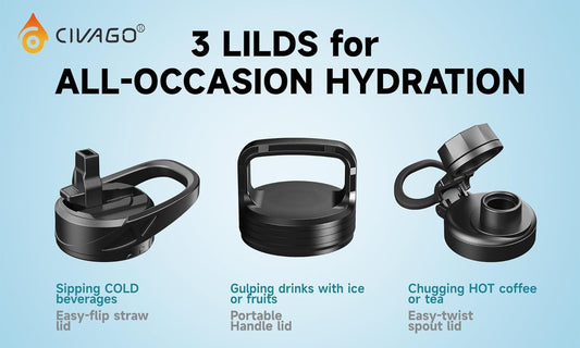 three lids included: flip-up straw lid, twist spout lid, and portable handle lid