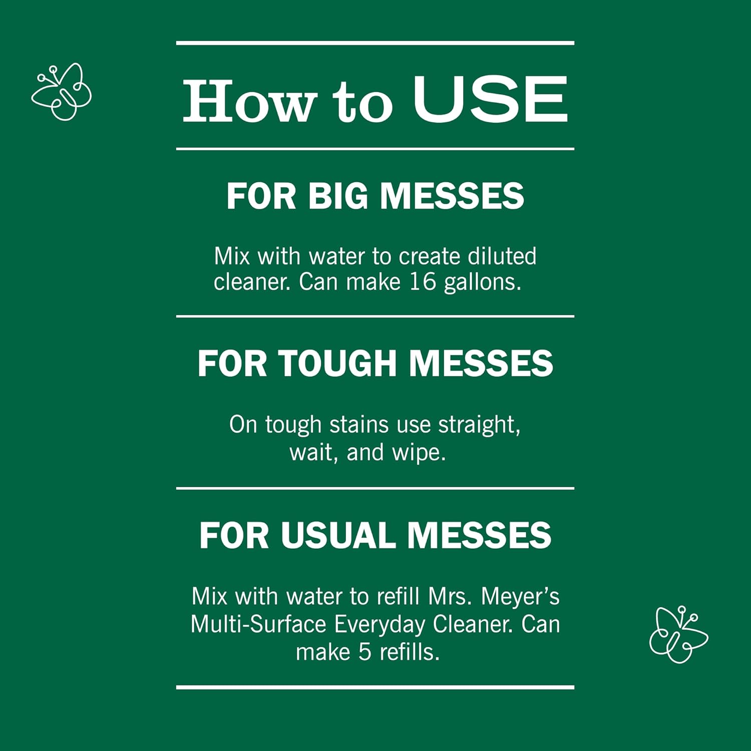three-mode usage: dilute for daily messes, mix for big messes, or use full strength for tough spots