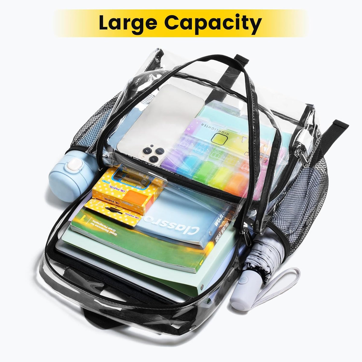 three pockets: one front zip pocket plus two side mesh pockets for bottles or umbrellas