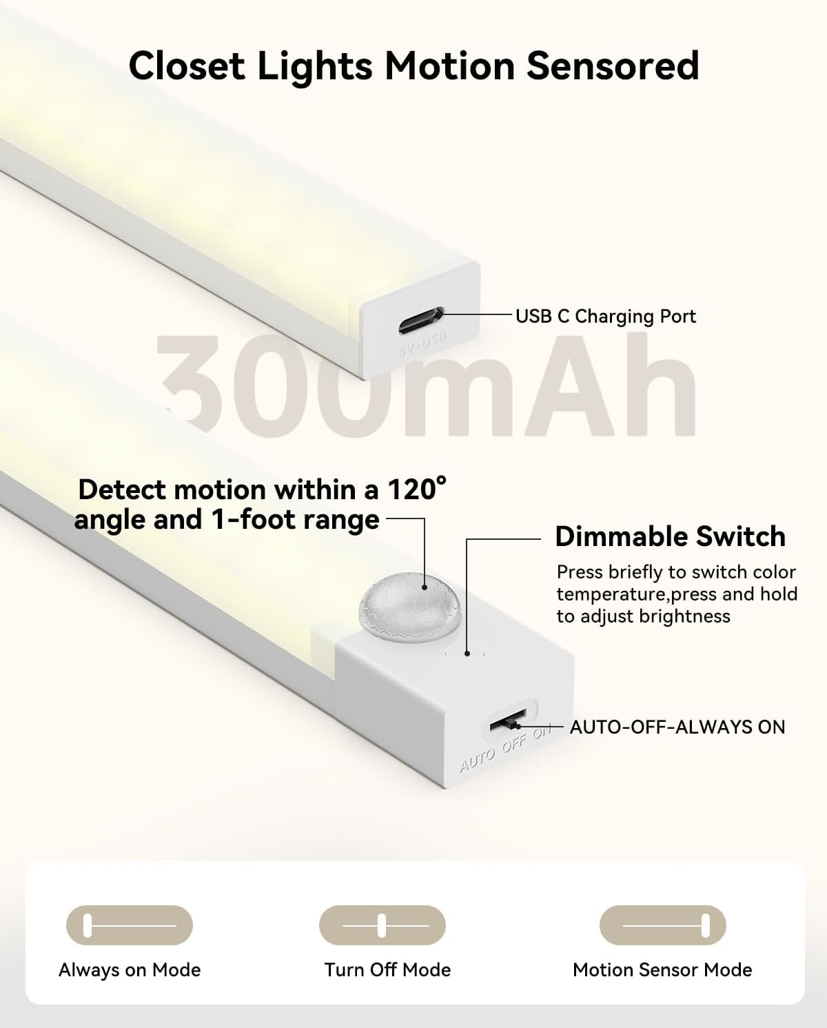 three selectable color temperatures (2700k warm, 4000k natural, 6000k daylight) via push button