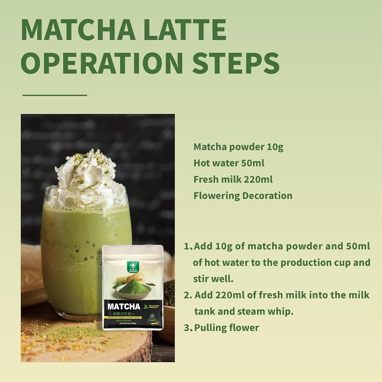 TIAN HU SHAN Matcha Green Tea Powder – Focused Caffeine for Home Office Routines, Sustained Energy for Work and Study