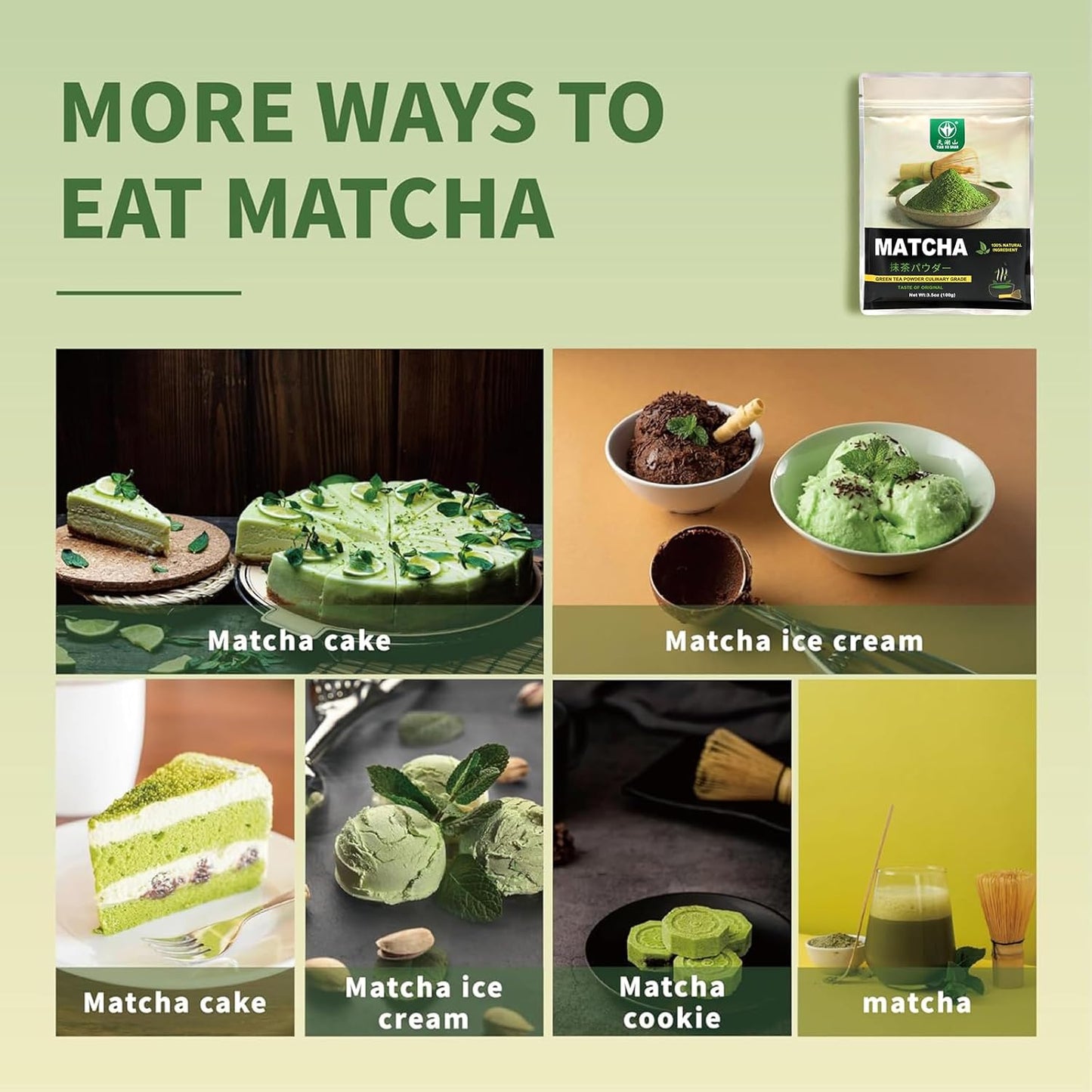 TIAN HU SHAN Matcha Green Tea Powder – Focused Caffeine for Home Office Routines, Sustained Energy for Work and Study