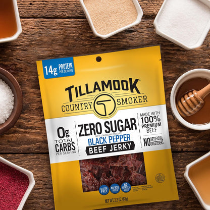 Tillamook Country Smoker Keto Friendly Zero Sugar Beef Jerky, Black Pepper, 6.5 Ounce — Thoughtful Snack Gift for the Low-Carb Eater