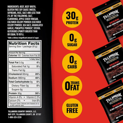 Tillamook Country Smoker PRO Edition Beef Jerky, Zero Sugar Original, 2.14 Oz High Protein Keto Snack for Post-Workout Recovery and Clean-Eating Wellness Routines