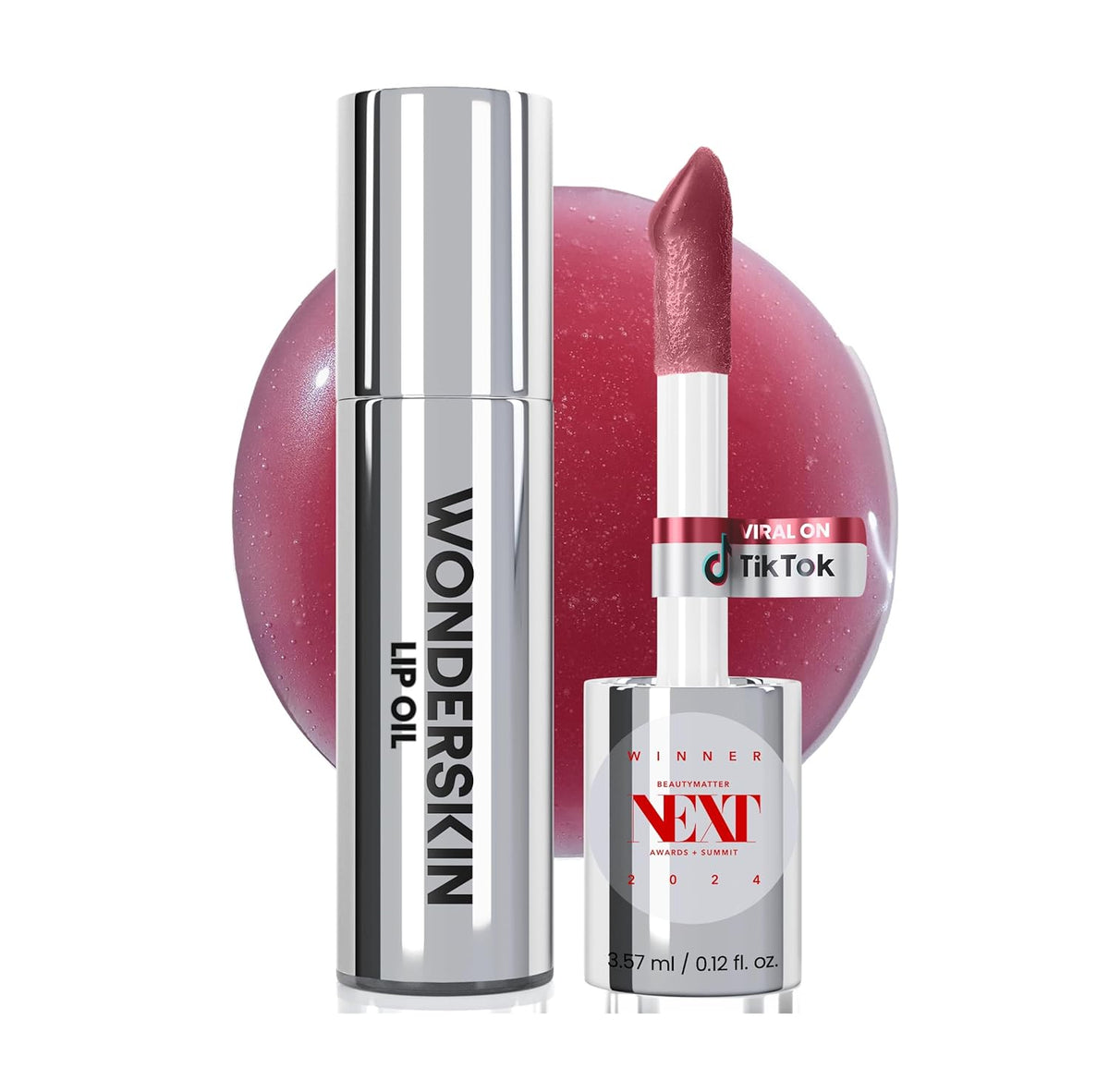 tinted lip oil serum with deep red 'honey' shade and glossy finish (one of 6 variants: clear, kissed, honey, lover, flirt, amour)