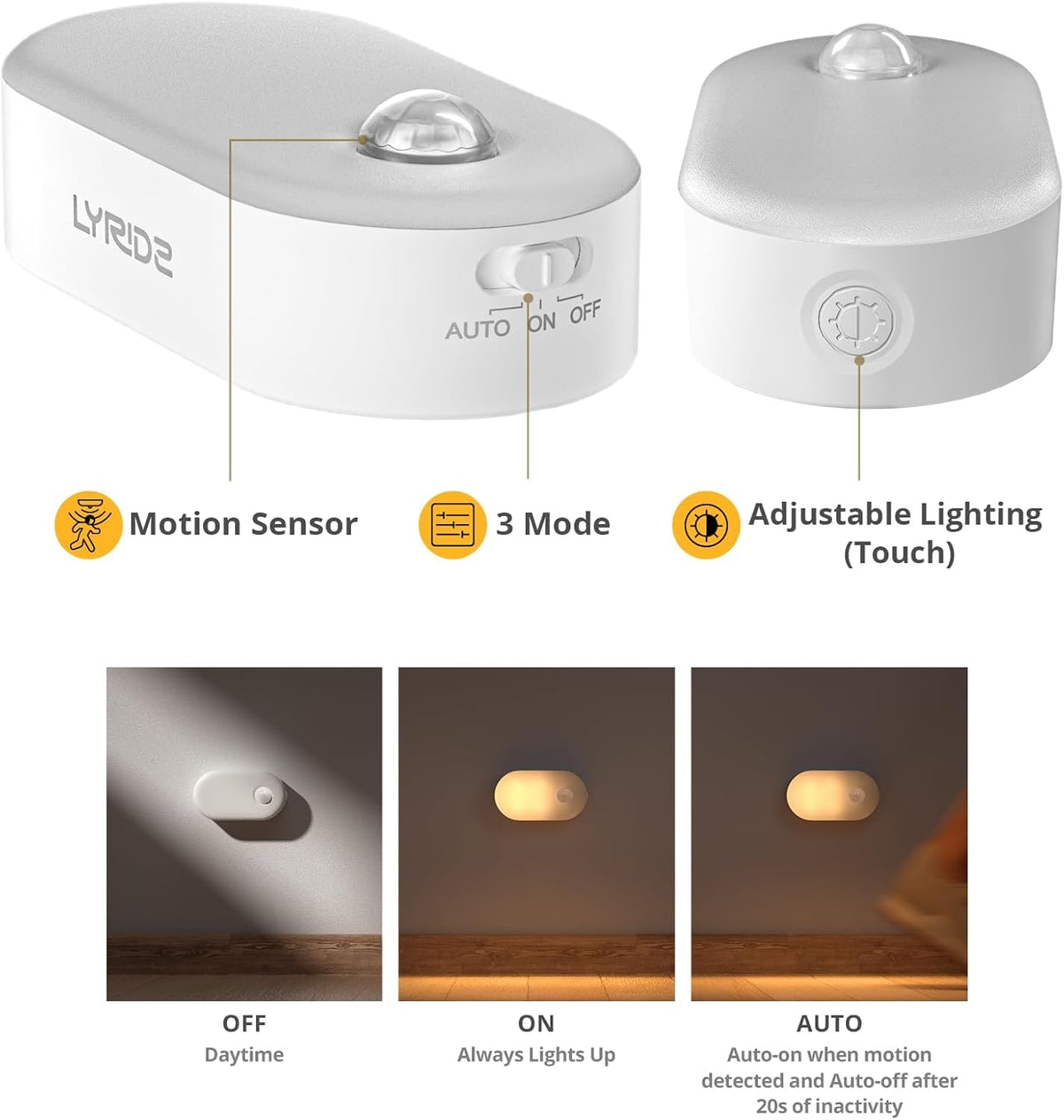 touch-controlled dimming from 1 to 20 lumens
