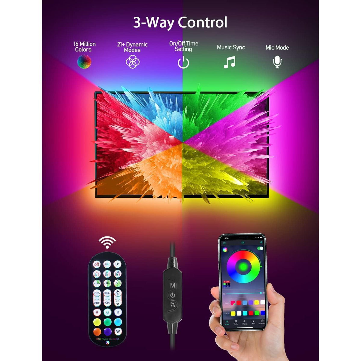 tri-mode control: bluetooth smart app, 24-key infrared remote, and 3-key inline controller