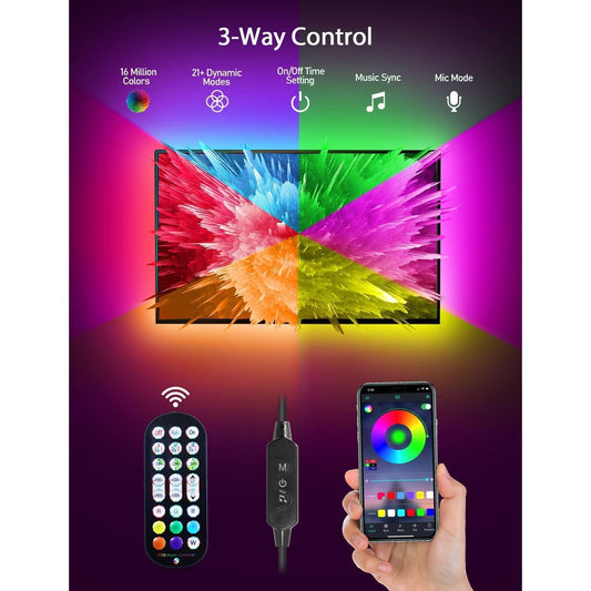 tri-mode control: bluetooth smart app, 24-key infrared remote, and 3-key inline controller