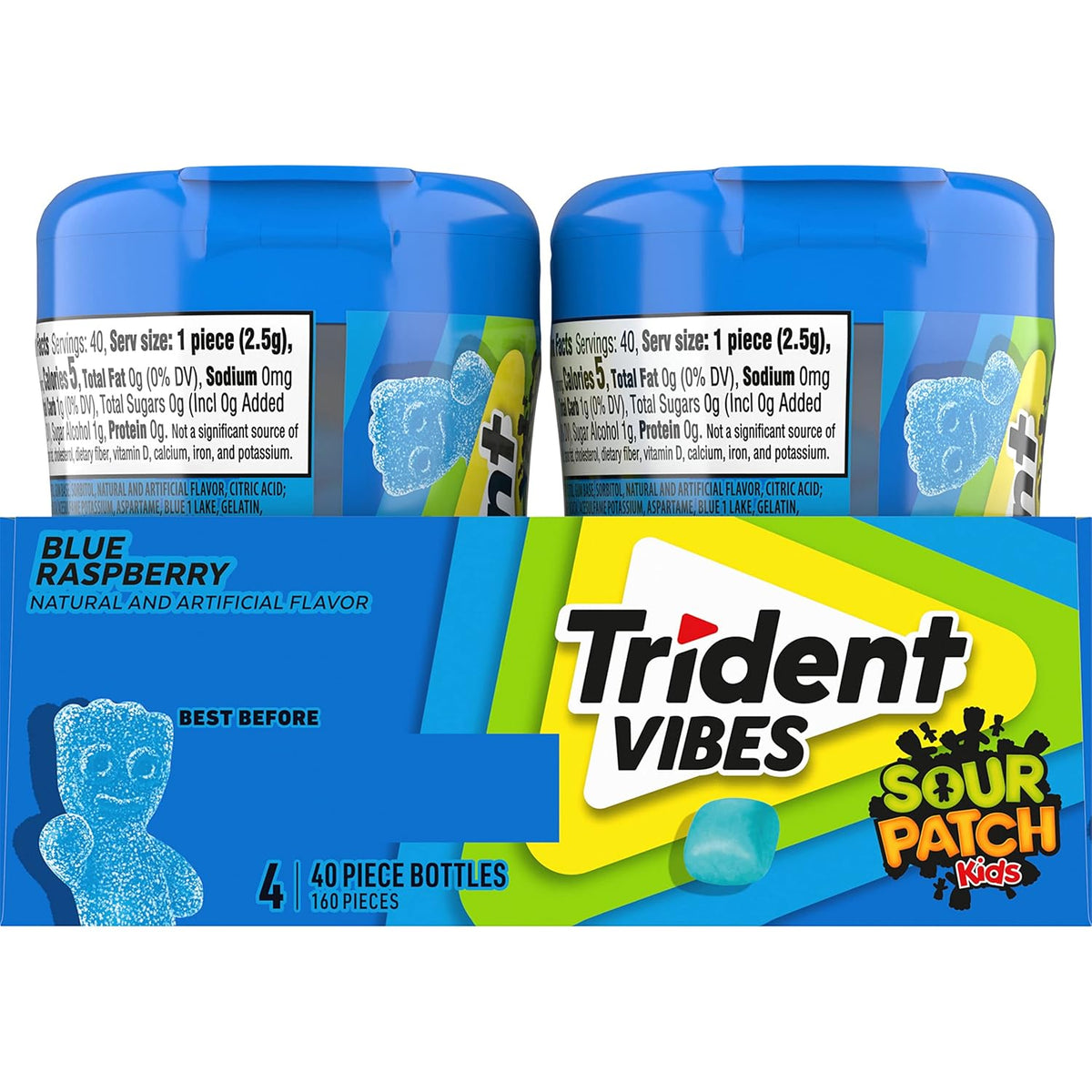 Trident Vibes SOUR PATCH KIDS Blue Raspberry Sugar-Free Chewing Gum – Briefcase and Car Cup Holder Travel Pack, 160 Pieces