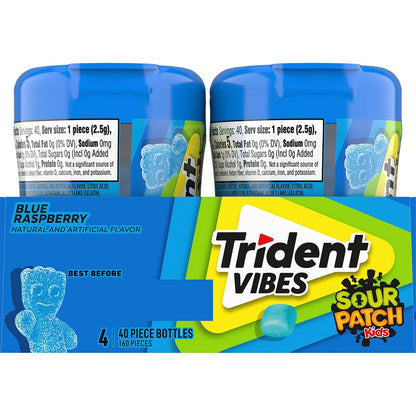 Trident Vibes SOUR PATCH KIDS Blue Raspberry Sugar-Free Chewing Gum – Briefcase and Car Cup Holder Travel Pack, 160 Pieces