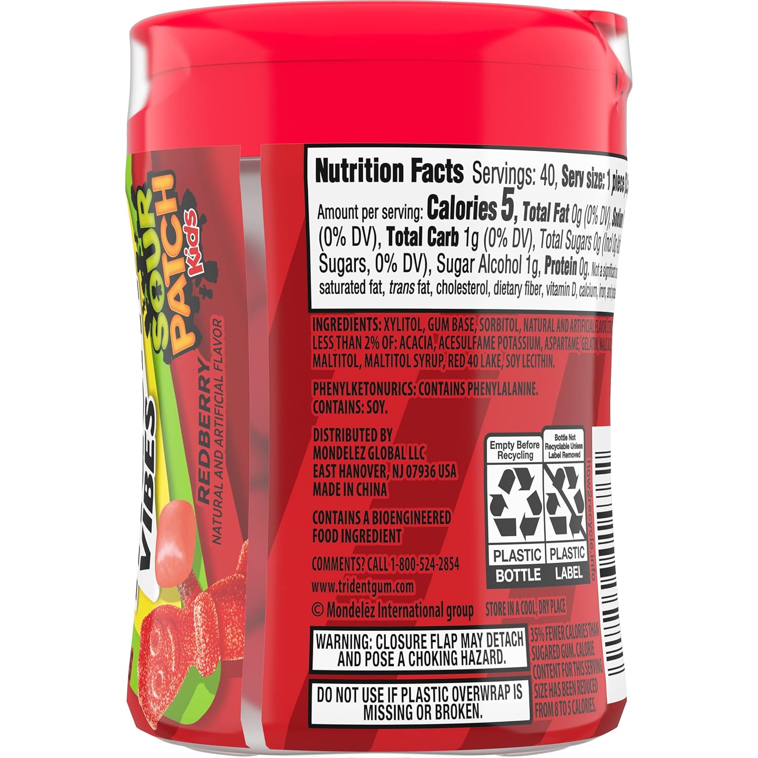 Trident Vibes SOUR PATCH KIDS Blue Raspberry Sugar-Free Chewing Gum – Fun Stocking Stuffer and Candy Gift, 4-Bottle 160 Pack