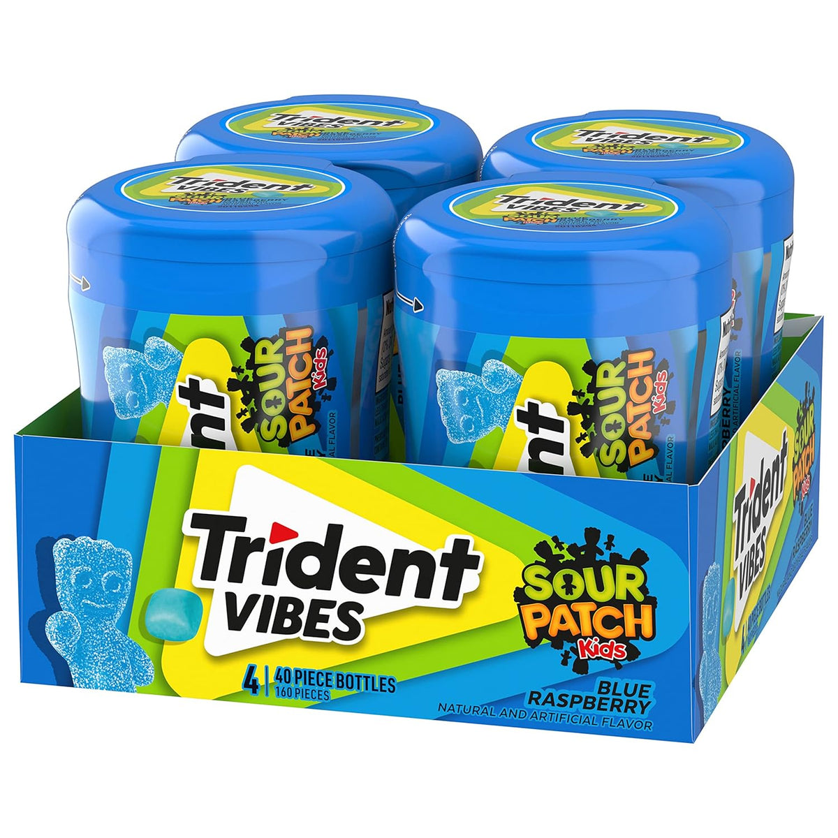 Trident Vibes SOUR PATCH KIDS Blue Raspberry Sugar-Free Chewing Gum – Briefcase and Car Cup Holder Travel Pack, 160 Pieces
