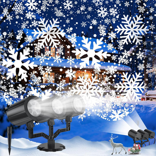 triple projector heads with 12 total led beads casting 4 dynamic snowflake patterns