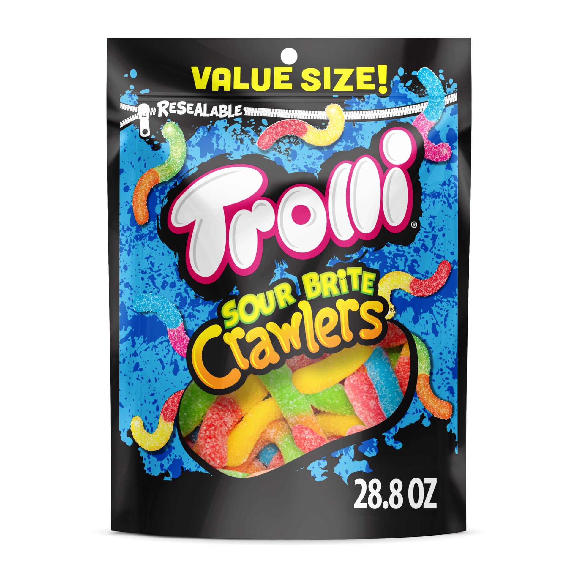 Trolli Sour Brite Crawlers Gummy Worms 28.8 oz Resealable Bag - Portable Sweet and Sour Candy for Camping Trips, Beach Days, and Picnics