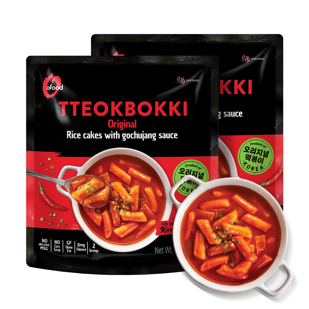 Tteokbokki Korean Rice Cakes – [Original Gochujang | Pack of 2] – Gluten Free | Ready in 3 Minutes | 0 Cholesterol/ 0 Trans Fat | 4 Servings Spicy Street Snack | Healthy/Savory/Spicy - O’food