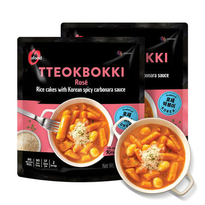 Tteokbokki Korean Rice Cakes – [Rose/Spicy Carbonara | Pack of 2] – Gluten Free | Ready in 3 Minutes | 0 Cholesterol/ 0 Trans Fat | 2 Servings Spicy Street Snack | Healthy/Savory - O’food