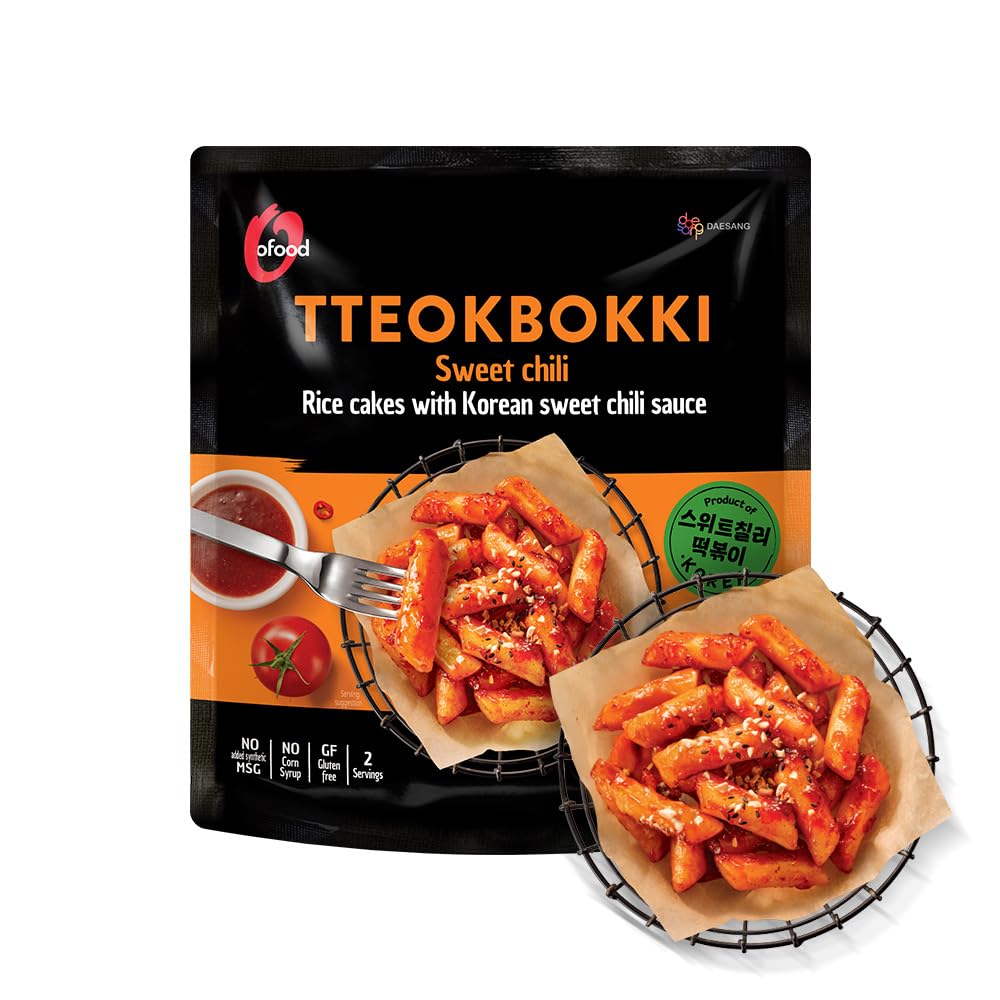 Tteokbokki Korean Rice Cakes – [Sweet Chili | Pack of 1] – Gluten Free | Ready in 3 Minutes | 0 Cholesterol/ 0 Trans Fat | 2 Servings Spicy Street Snack | Healthy/Savory/Spicy - O’food