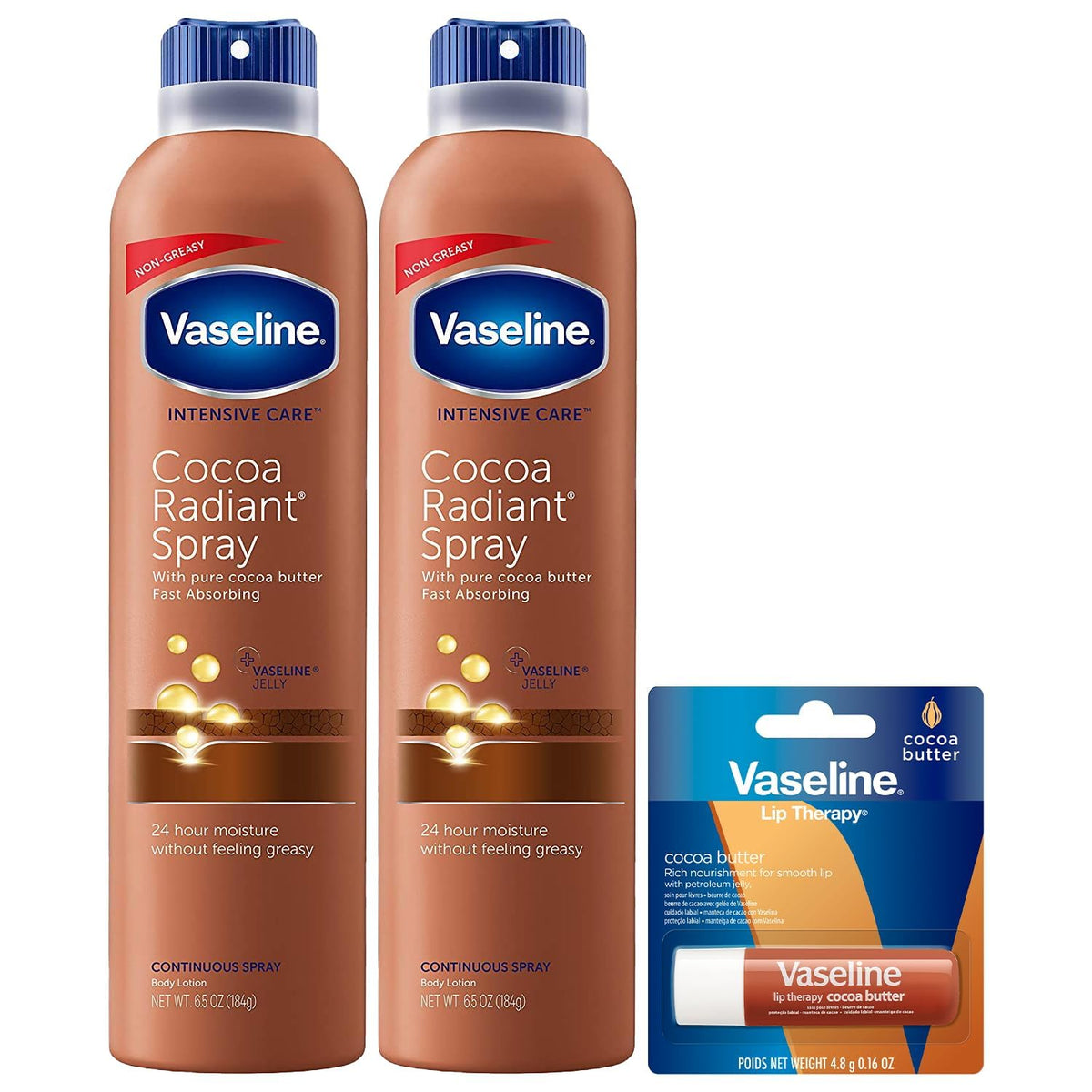two 6.5 oz vaseline cocoa radiant spray bottles for hands-free full-body coverage