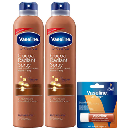 two 6.5 oz vaseline cocoa radiant spray bottles for hands-free full-body coverage