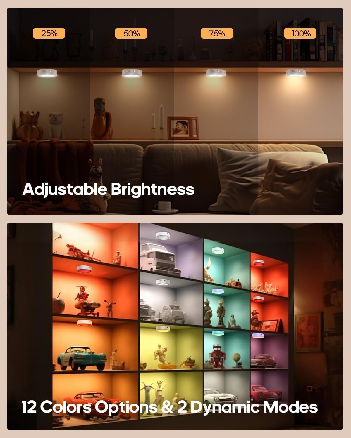 two dynamic modes: flash (rapid color cycling) and fade (smooth color and brightness transition)