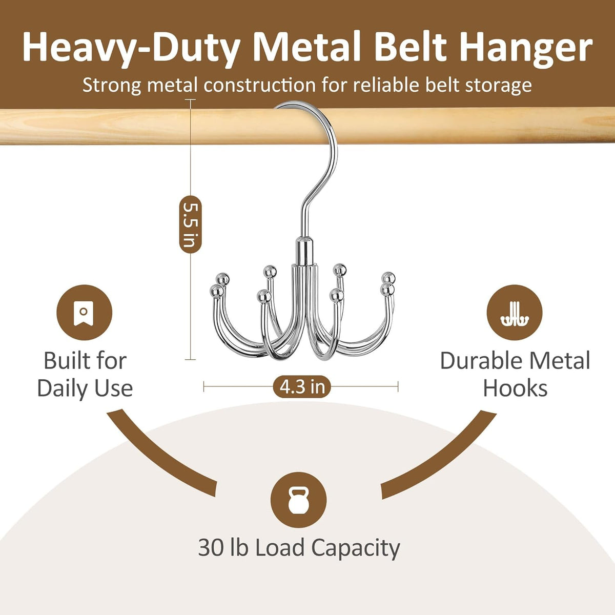 two hook styles available: round hook for belts and l-shaped hook for ties