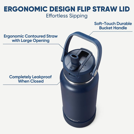 two leakproof lids: ergonomic contoured flip straw and wide-mouth spout with 220° safe-drink angle