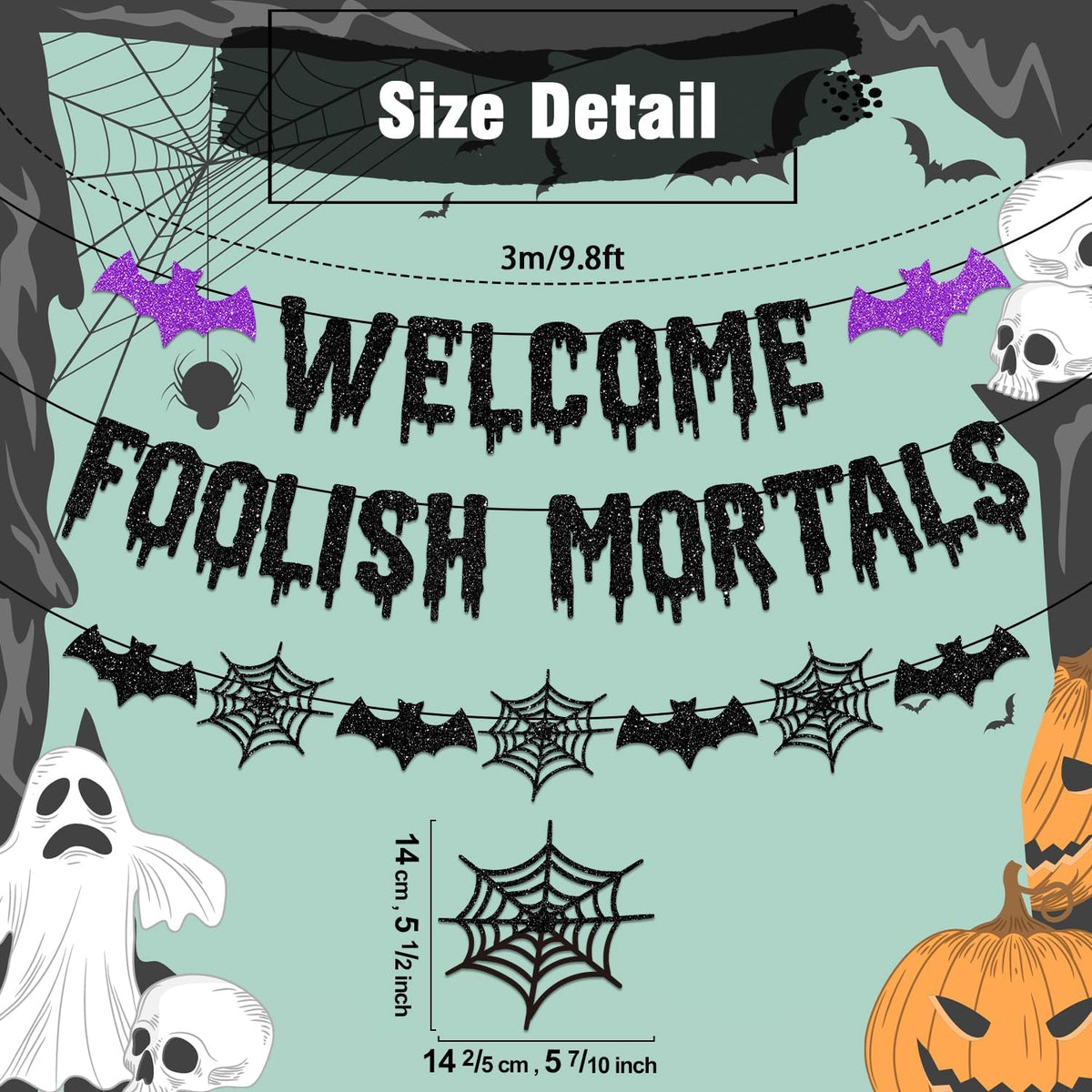 two-piece set: 'welcome foolish mortals' banner and hanging bat banner