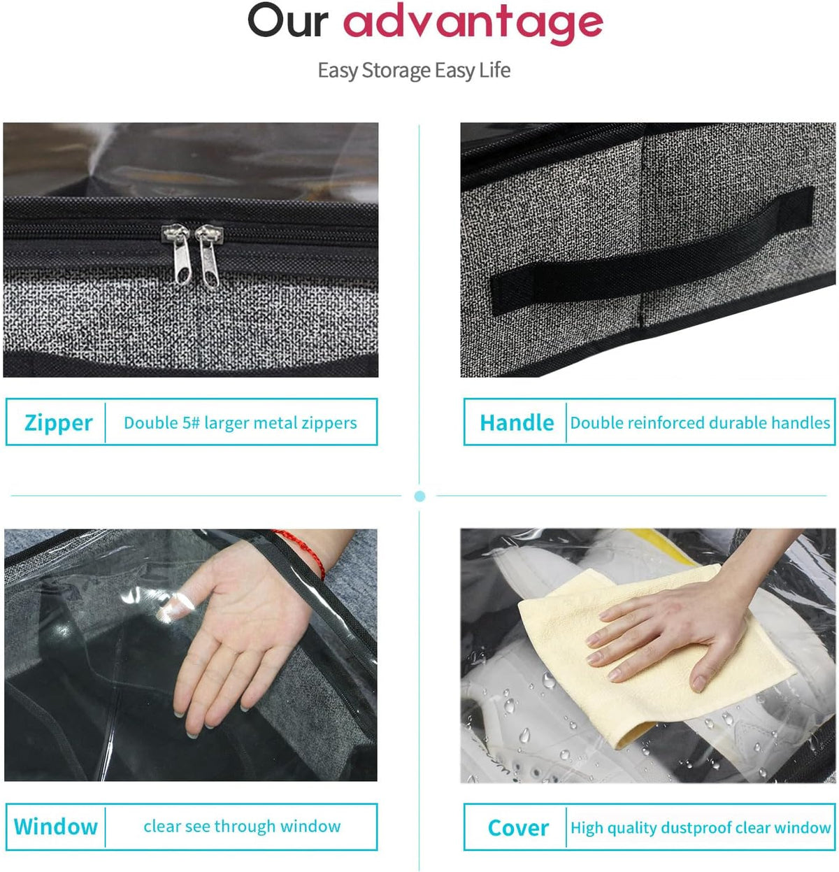 two pull handles (front + side) for under-bed retrieval
