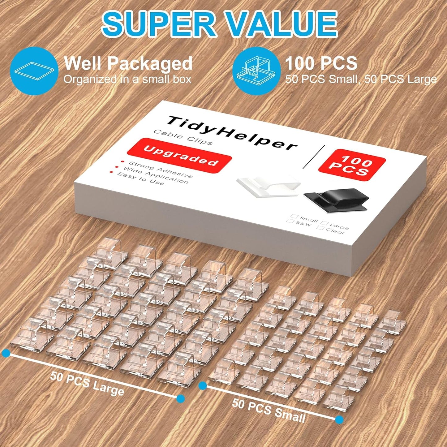 two sizes — small (0.63"×0.61" base, 0.2" inner height) for thin wires; large (0.75"×0.75" base, 0.32" inner height) for thick cords