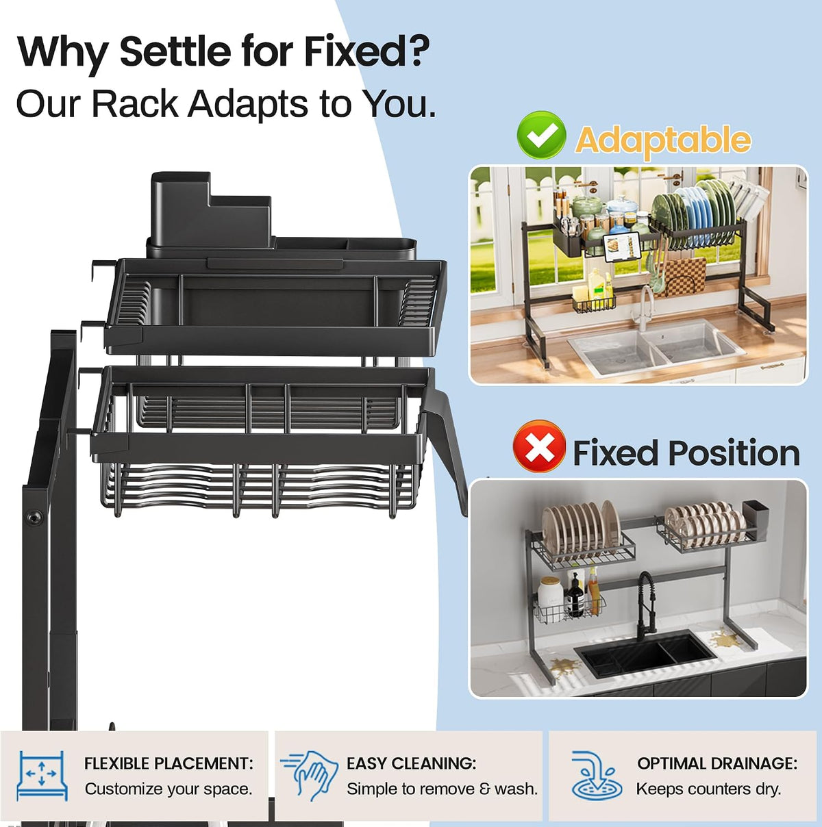 two-tier design with removable cutlery basket for organized drying