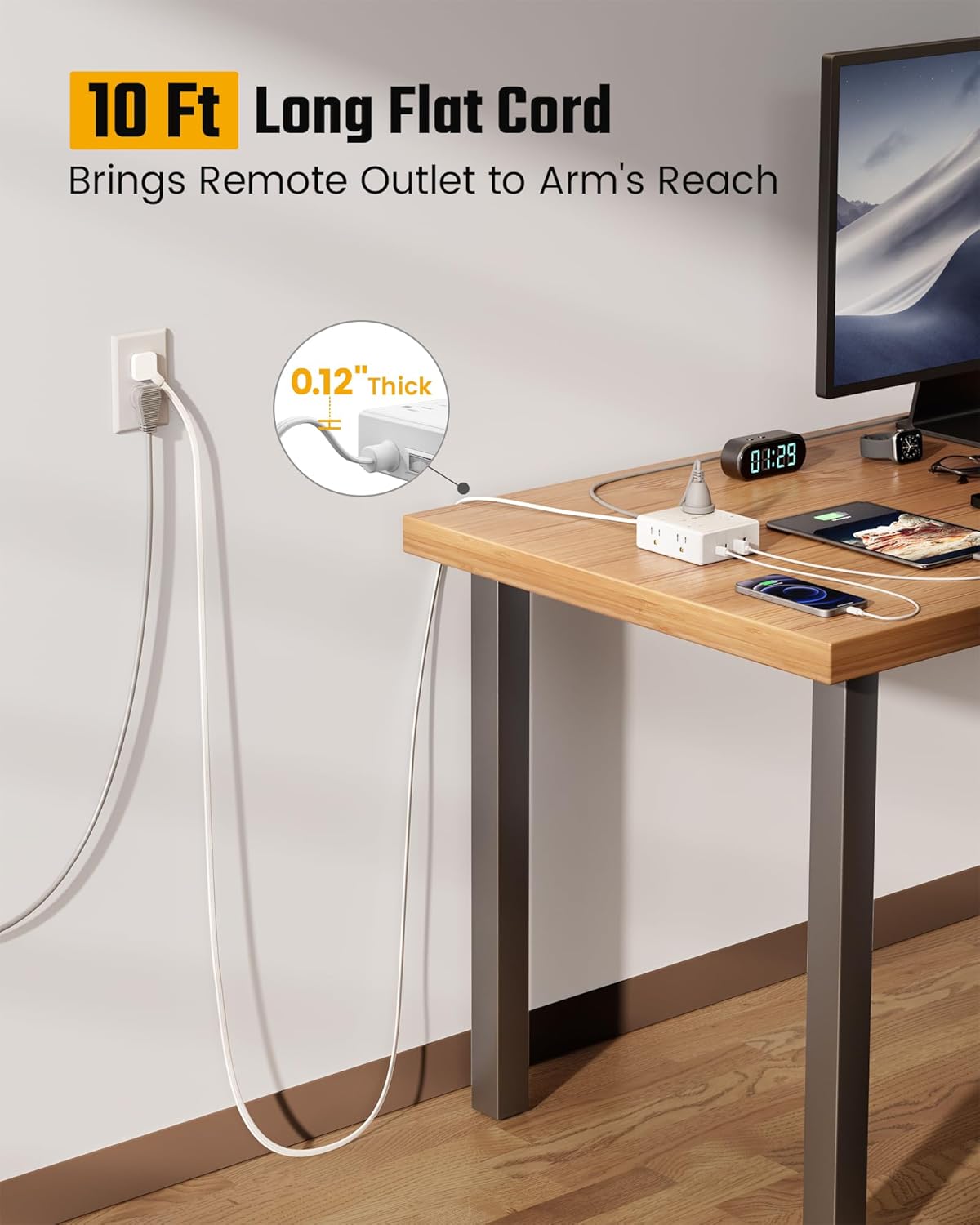 ultra-thin 0.3-inch flat plug with 45° right-angle design for wall-flush placement