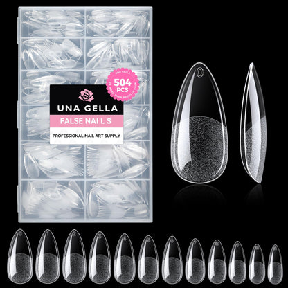 UNA GELLA Almond Gel Nail Tips, 504PCS Pre Etched Clear Fake Nails Tips Medium Almond Shape - 12 Sizes Full Cover Soft Acrylic Press On Nail Extensions No C Curve Gift for Diy at Home