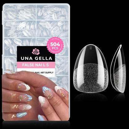 UNA GELLA Extra Short Almond Nail Tips Full Cover 504PCS Gel Nail Tips Short Almond Shaped Nails Tips Soft Gelly Gel Clear Fake Nails Tip for Acrylic Nail Tip Soak Off Home DIY Salon Nails 12 Sizes