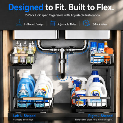 Under Sink Organizer 2 Pack Simple L-Shaped Pull Out Drawer, Clean Cabinet Storage for Small Spaces