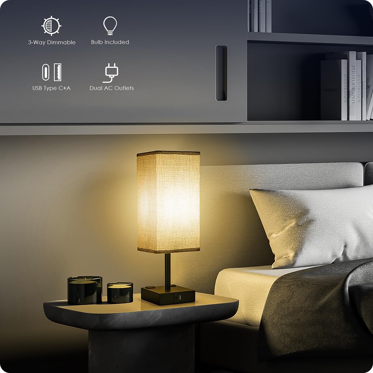 usb-a and usb-c charging ports (5v/2.1a) plus two 120v ac outlets on the base