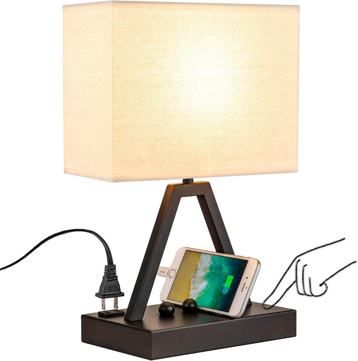 usb-c and usb-a charging ports (5v/2.1a) plus 937w ac outlet, functional whether lamp is on or off
