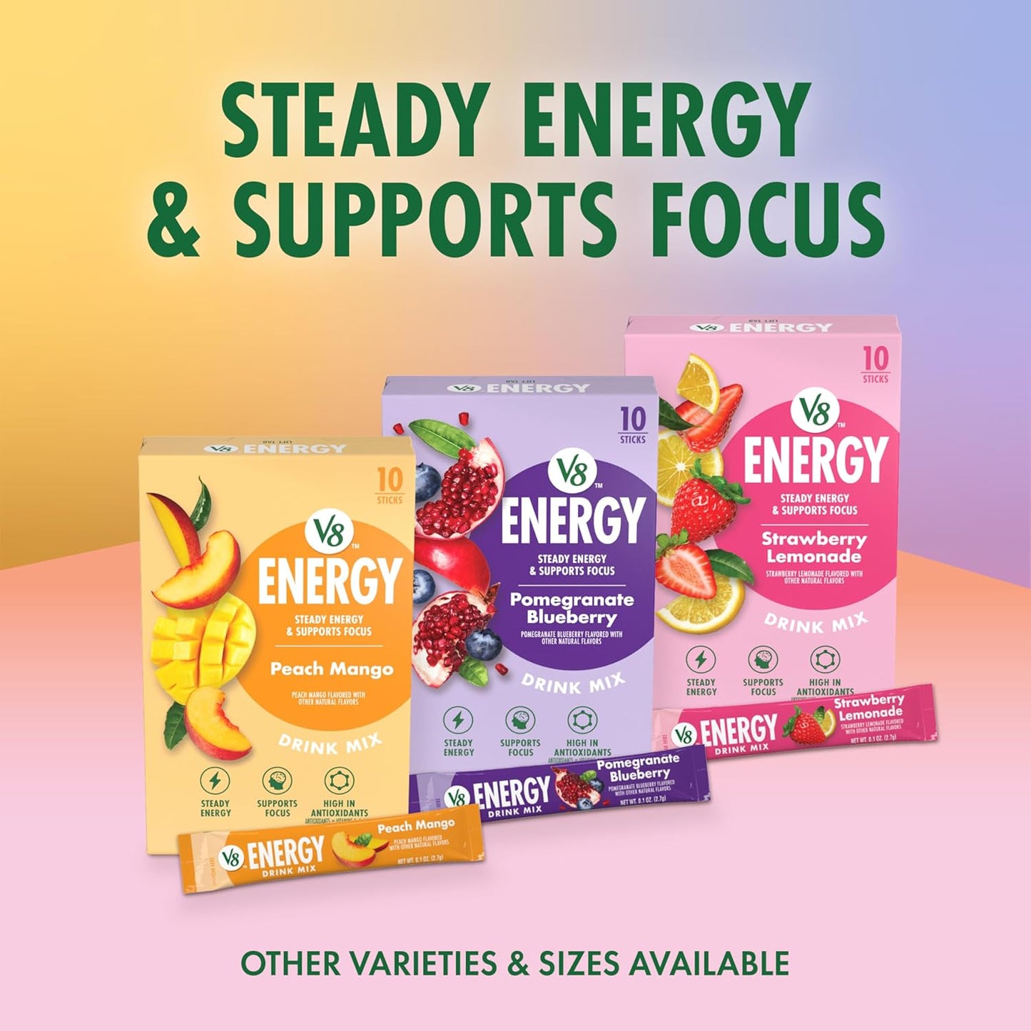 V8 Energy Strawberry Lemonade Energy Drink Powder for Clean Eating Routines, Non-GMO Single Serve Sticks