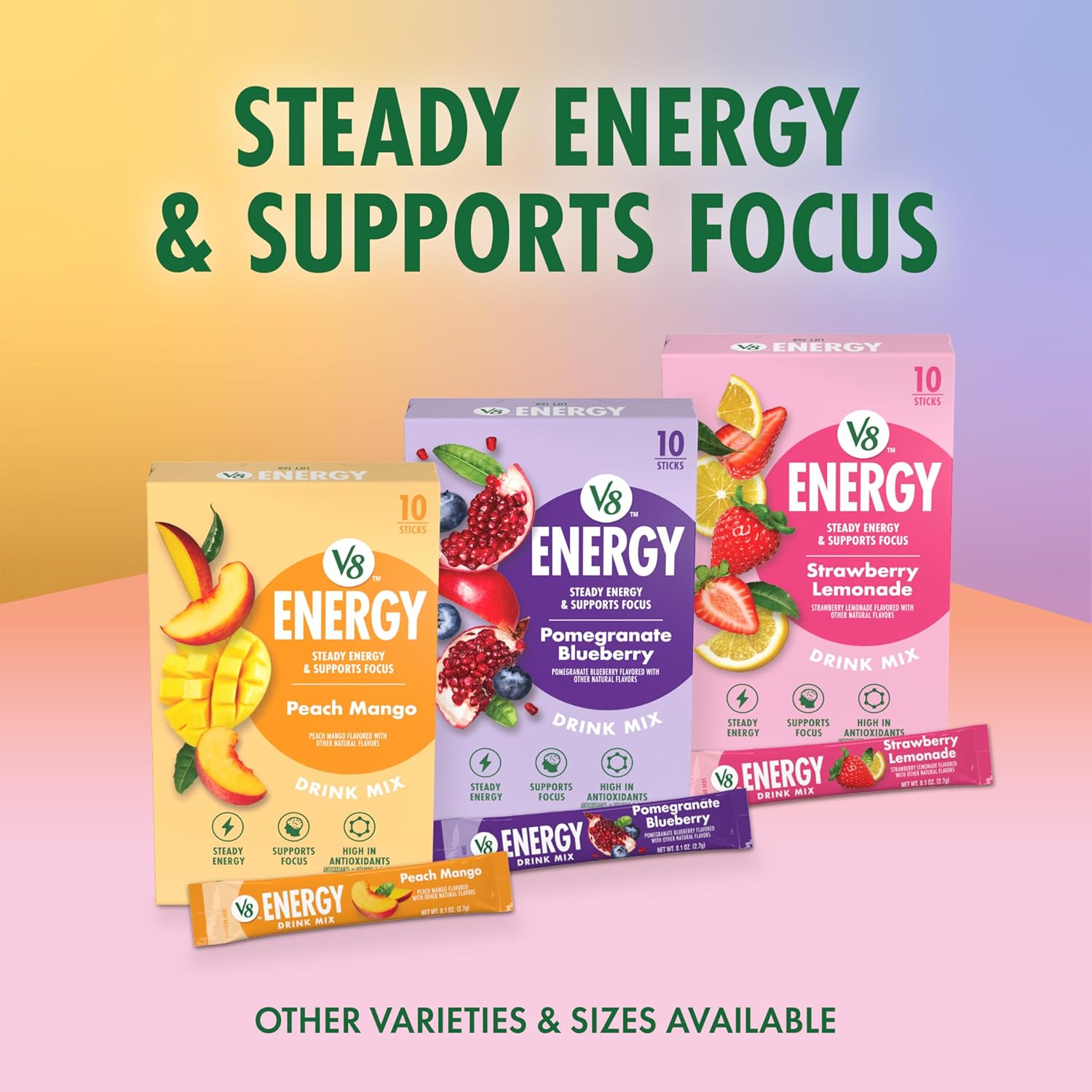 V8 Energy Strawberry Lemonade Energy Drink Powder for Clean Eating Routines, Non-GMO Single Serve Sticks