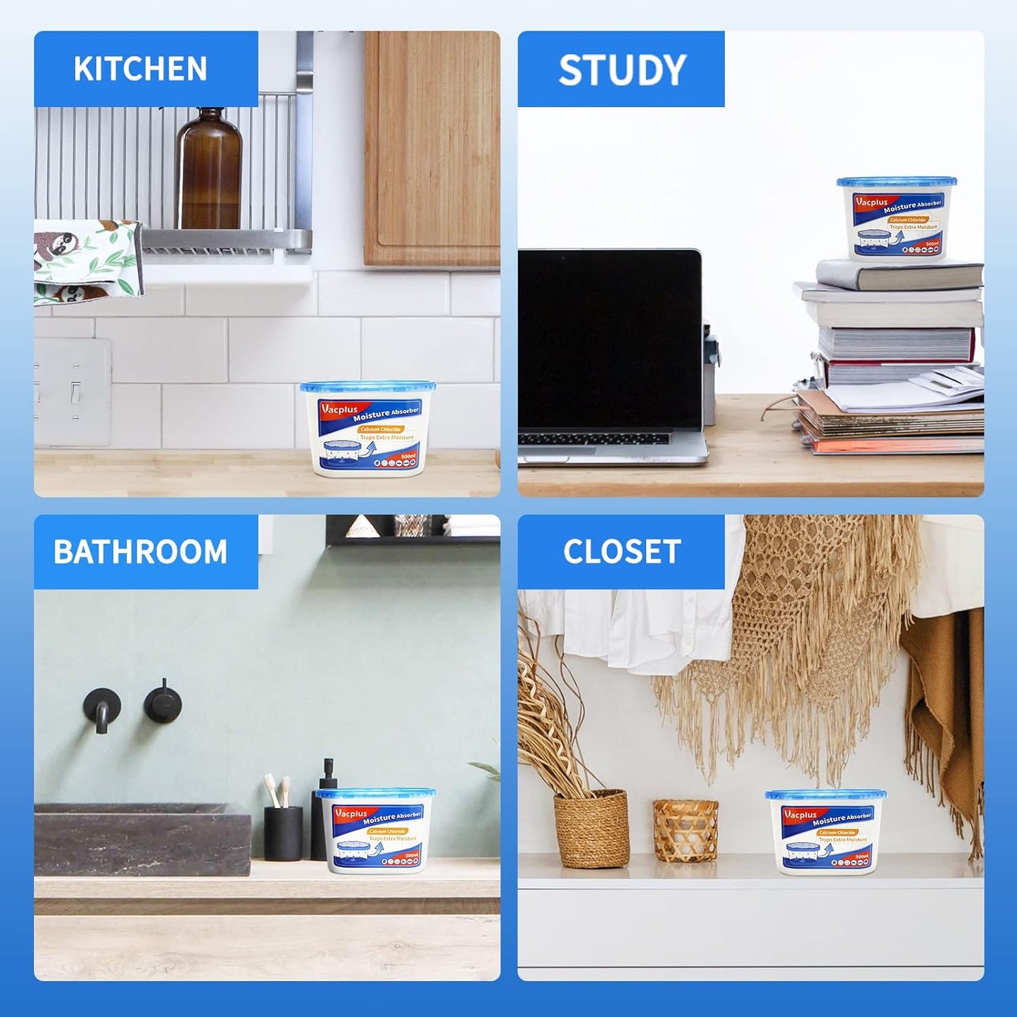 Vacplus Moisture Absorbers – Compact 500ml Dehumidifier Box, Discreet Design for Uncluttered Shelves and Closets