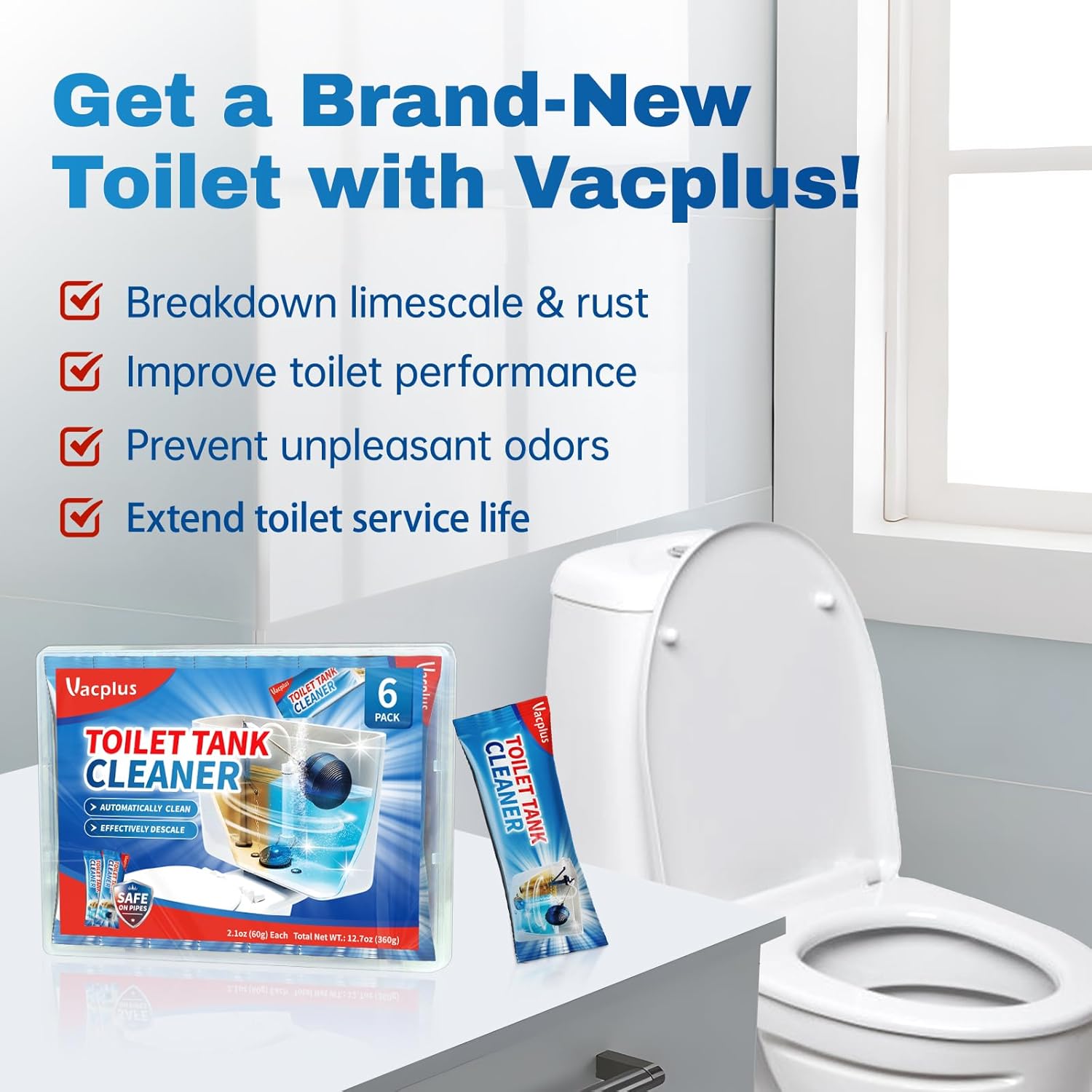 Vacplus Toilet Tank Cleaner - 6 Pack Pre-Measured Tablets for an Uncluttered Under-Sink Cabinet