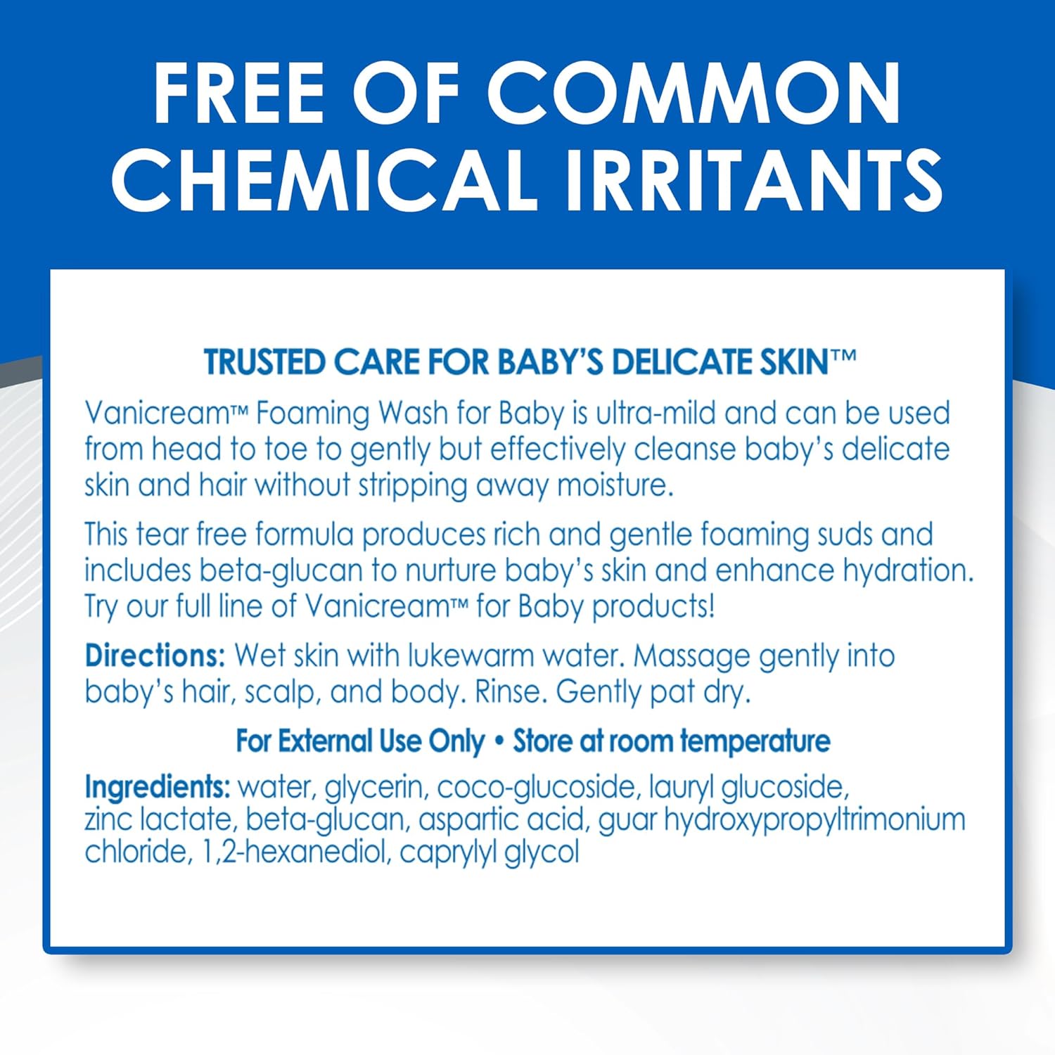 Vanicream Foaming Wash for Baby – Gentle Tear-Free Shampoo and Body Wash for Kids Bath Time, Sensitive Skin Safe