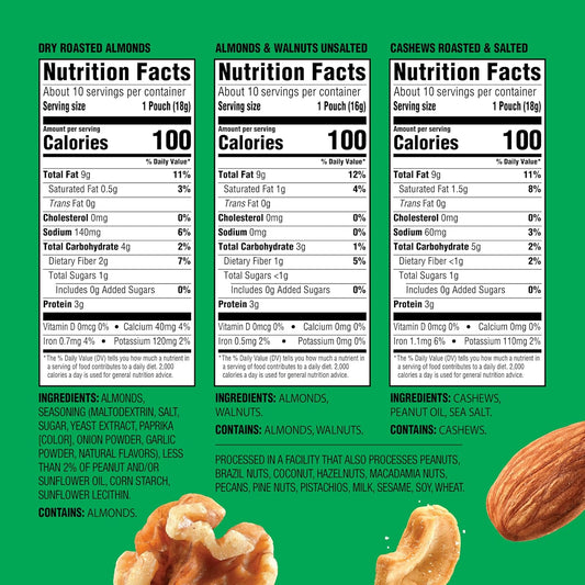 variety includes dry roasted almonds, natural almonds & walnuts, and roasted & salted cashews