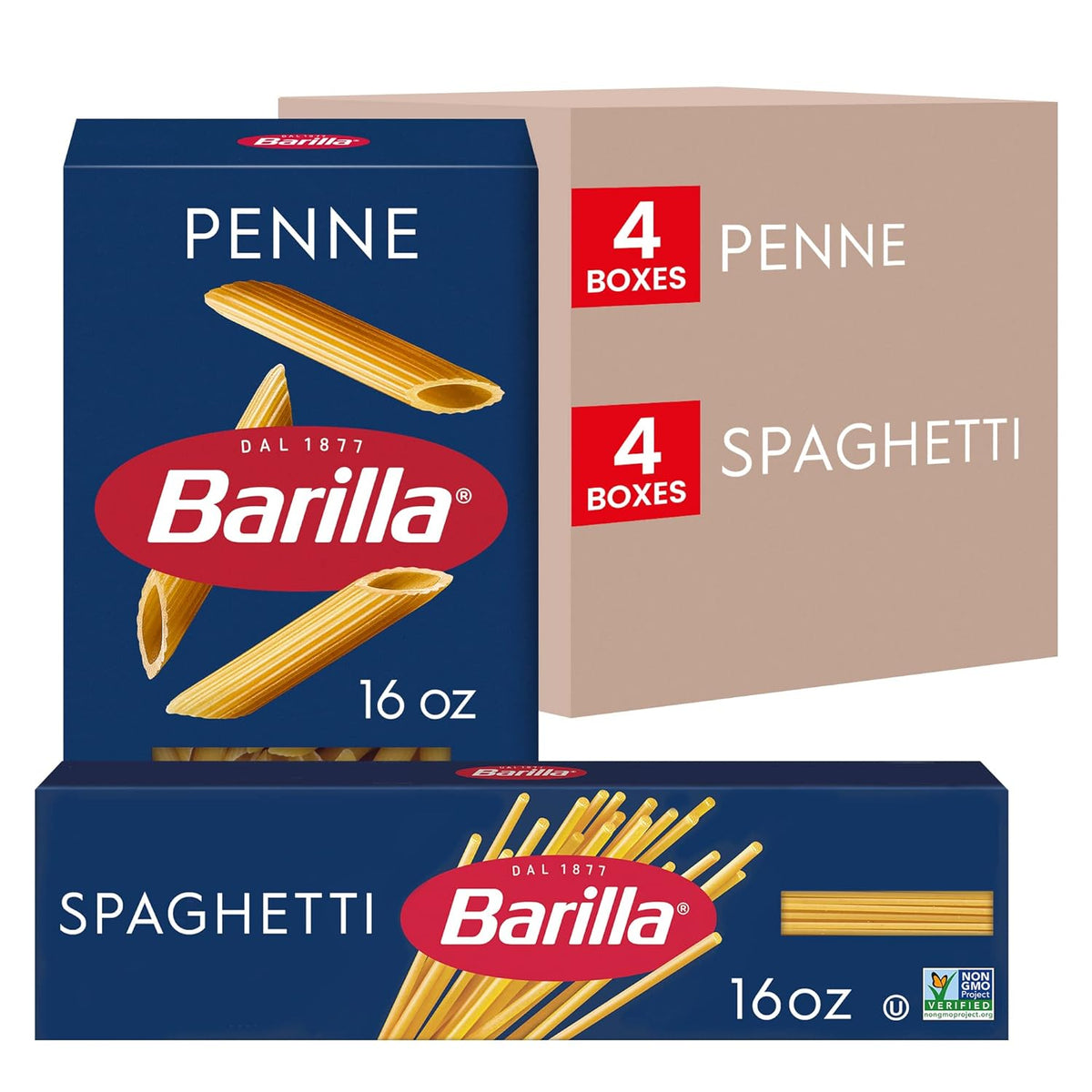 variety pack of 8 boxes: 4 penne and 4 spaghetti at 16 oz each (128 oz total)