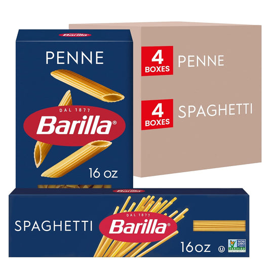 variety pack of 8 boxes: 4 penne and 4 spaghetti at 16 oz each (128 oz total)