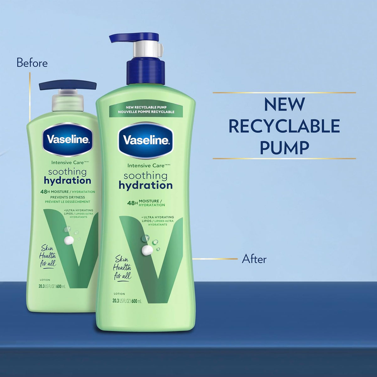 Vaseline Intensive Care Body Lotion for Dry Skin – Clean Pump-Bottle Moisturizer for Clutter-Free Countertops, Pack of 3