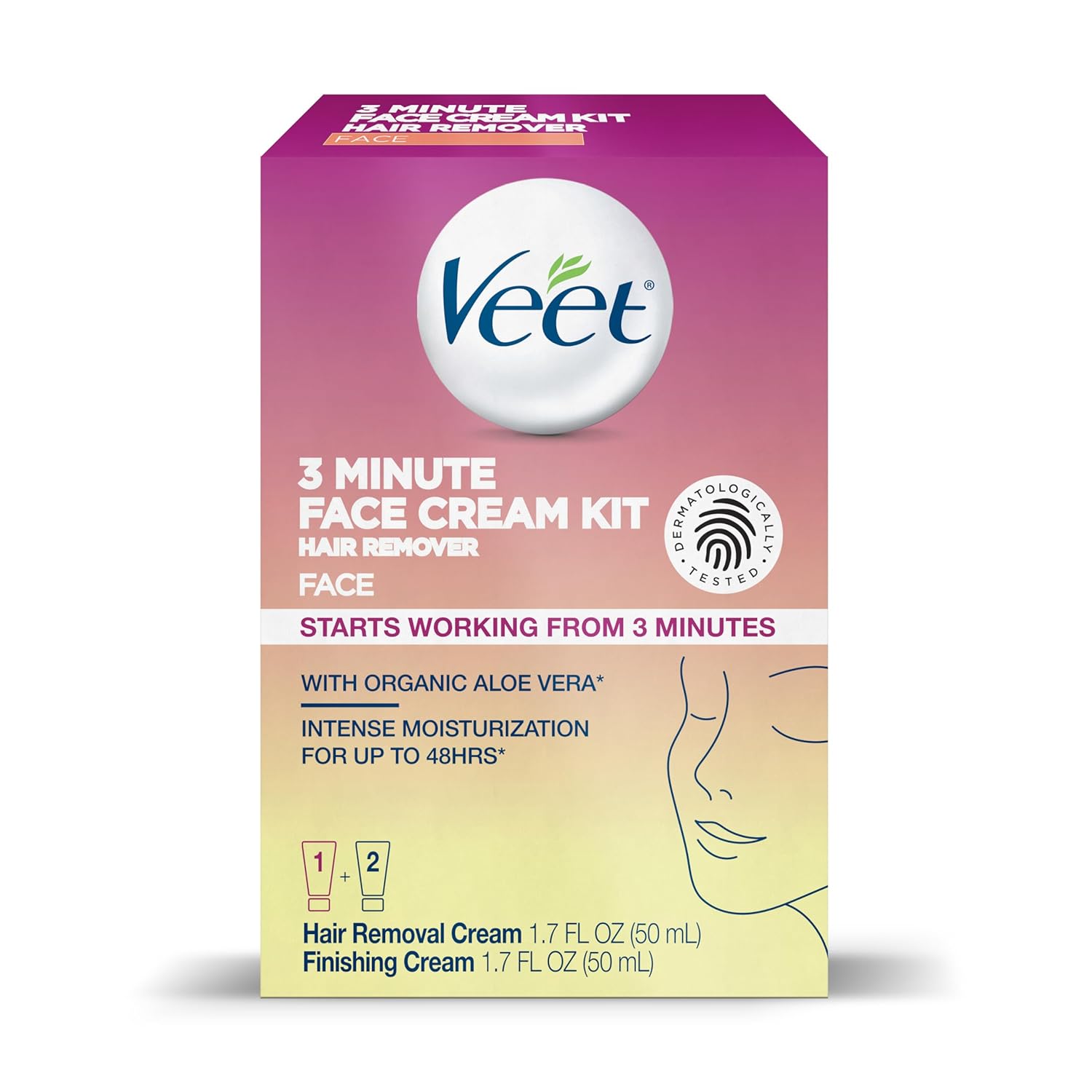 Veet 3-Minute Facial Hair Removal Cream with Aloe Vera – Sensitive Skin Self-Care Ritual for Women, Gentle Upper Lip and Chin Hair Removal